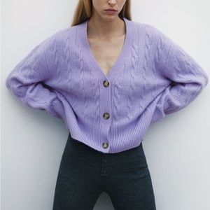 Zara Lavender Cable Knit Cardigan Cropped Grandpa Sweater Soft Cozy Scandi 6